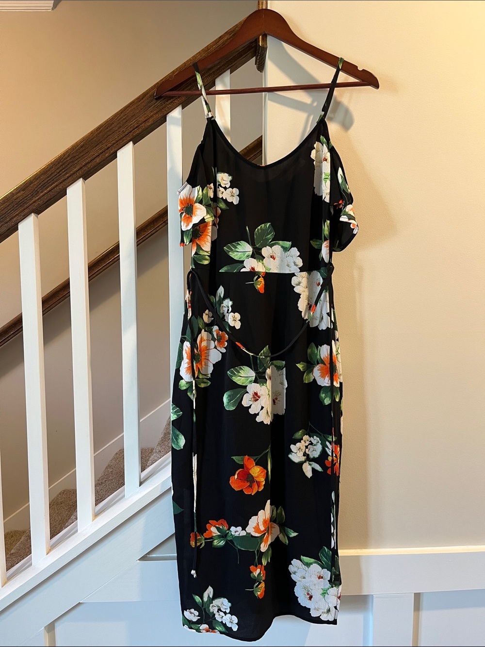 Bisou Bisou Black Floral Cold-Shoulder Midi Dress with Orange & White Flowers